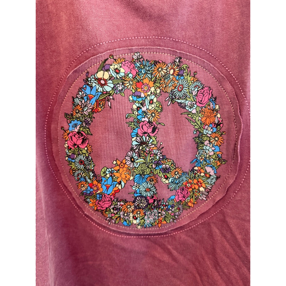 Easel Oversized Peace & Petals Washed Terry Peace Sign Pullover Top in Red Bean - Picture 5 of 9
